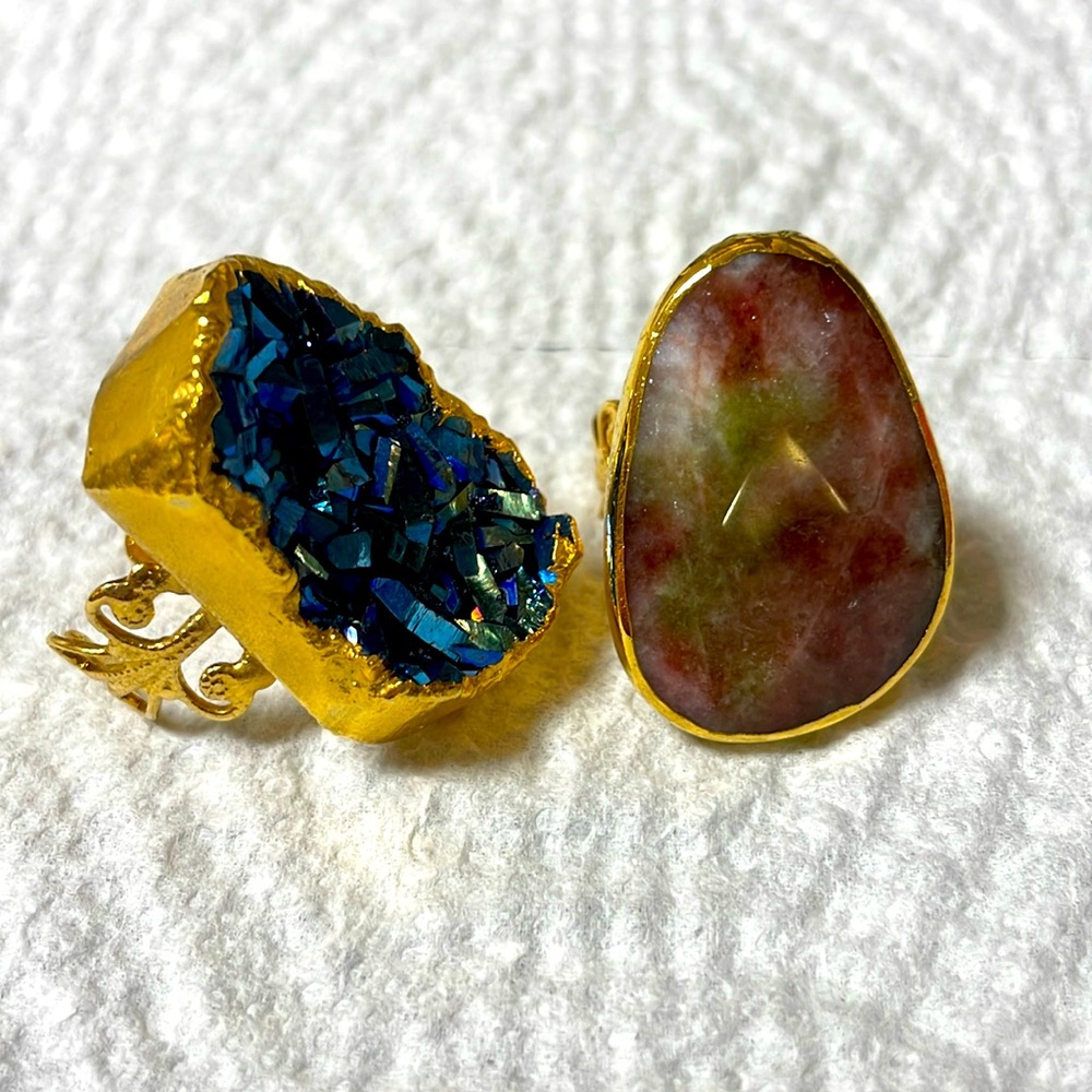 Two gold plated adjustable gem stone rings. Blue and watermelon.